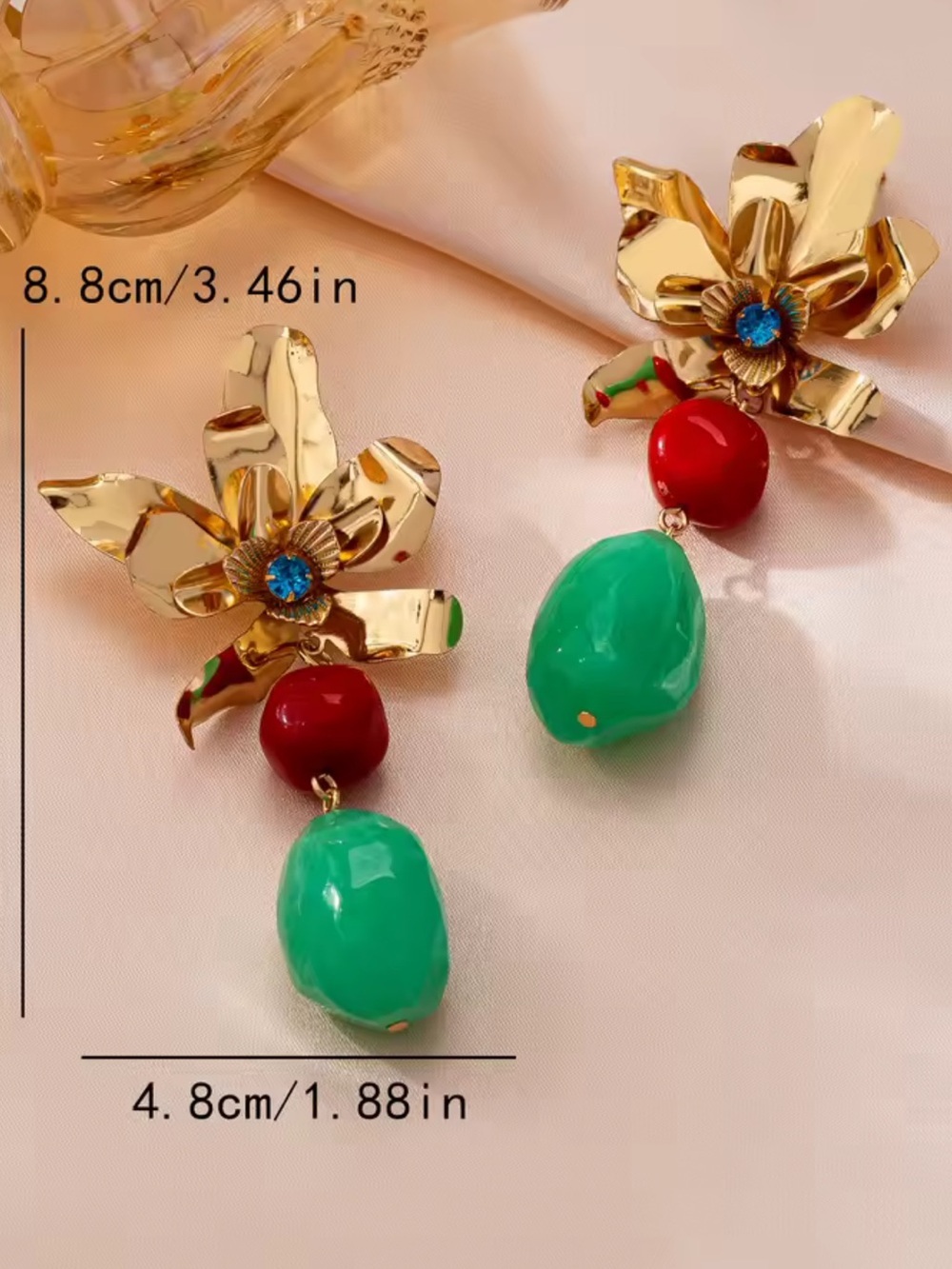 Gold Flower Drop Earrings with Red and Green Accents - Picture 4 of 6